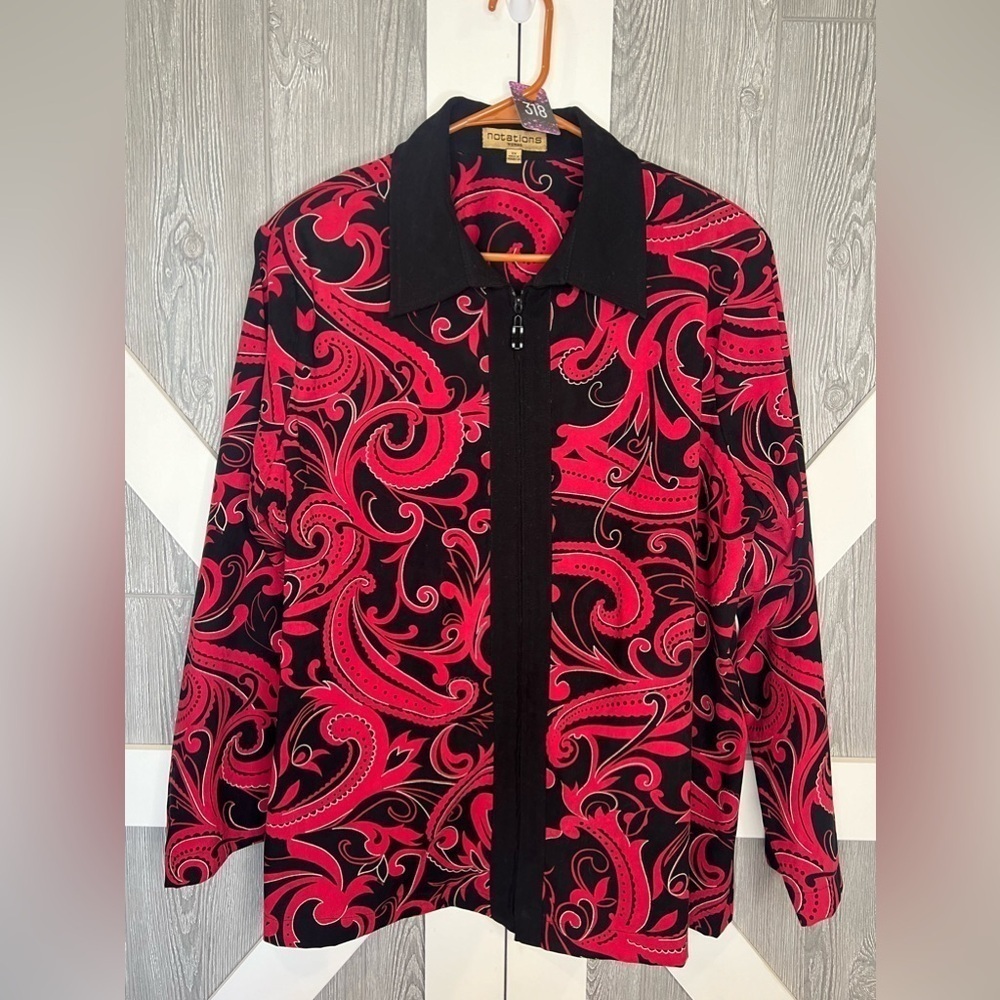 318. Notations Full Zip Blazer/Jacket Red Black Paisley 2X - Picture 1 of 4
